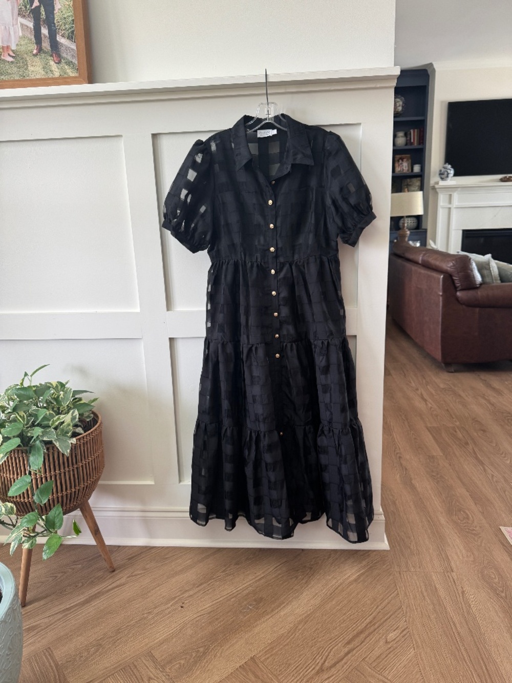 Shop the Mint Black Organza Check Button Down Midi Dress Size L